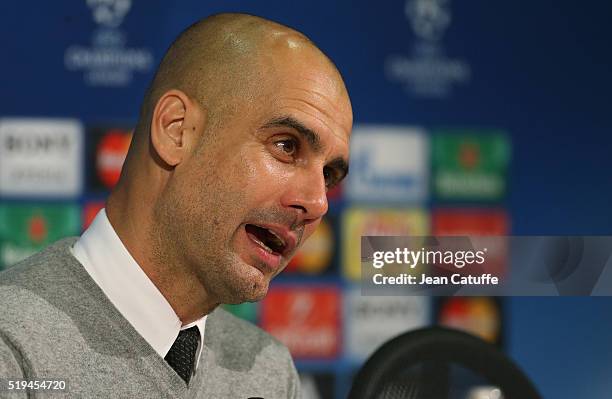 Coach of Bayern Muenchen Pep Guardiola answers to the media during the press conference following the UEFA Champions League quarter final first leg...