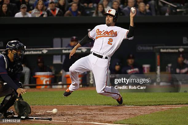 Hardy of the Baltimore Orioles slides into home plate scoring a run as catcher Kurt Suzuki of the Minnesota Twins waits for the ball in the second...