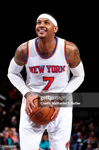 Carmelo Anthony of the New York Knicks prepares to shoot a free throw against the Charlotte Hornets on April 6, 2016 at Madison Square Garden in New...