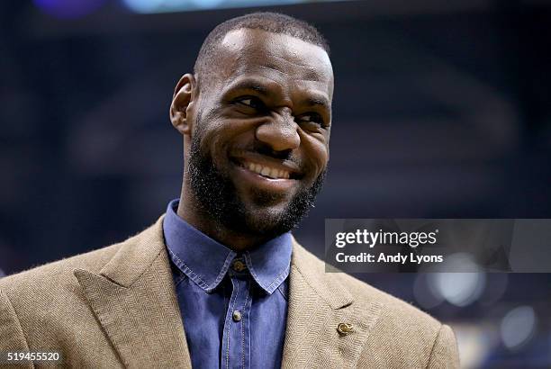 Lebron James of the Cleveland Cavaliers watches from the bench during the game against the Indiana Pacers at Bankers Life Fieldhouse on April 6, 2016...