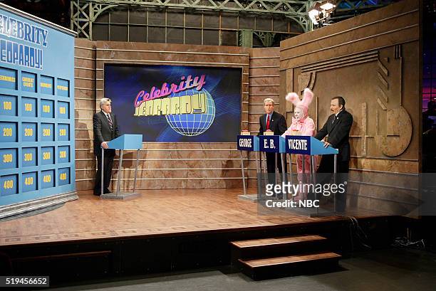 Episode 3119-- Pictured: Host Jay Leno with comedian Steven Bridges, as George W. Bush, comedian Gilbert Gottfried, as the Easter Bunny, and actor...