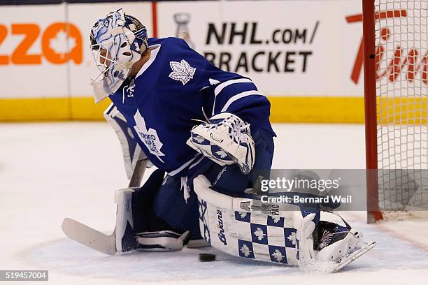 The puck slips past Leafs' goalieGarret Sparks for the Blue Jackets' first goal during 2nd period action between Toronto Maple Leafs and Columbus...