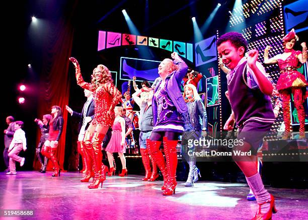 Devin Trey Campbell and the Company appear during curtain call as "Kinky Boots" Celebrates 3 Years On Broadway at the Al Hirschfeld Theatre on April...
