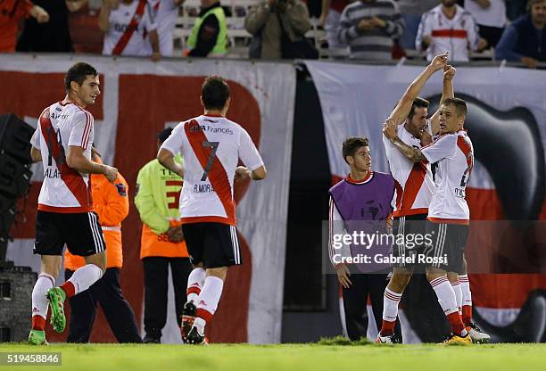 Camilo Mayada of River Plate celebrates with teammates after scoring the third goal of his team during a match between River Plate and The Strongest...