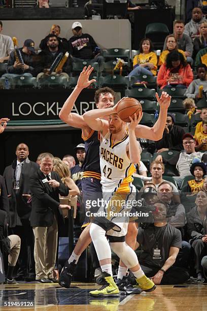 Shayne Whittington of the Indiana Pacers handles the ball against the Cleveland Cavaliers on April 6, 2016 at Bankers Life Fieldhouse in...
