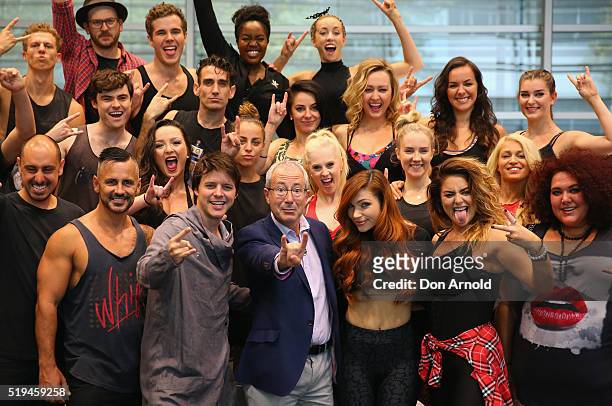 Ben Elton poses alongside performers during rehearsals for We Will Rock You at ABC Studios on April 7, 2016 in Sydney, Australia.