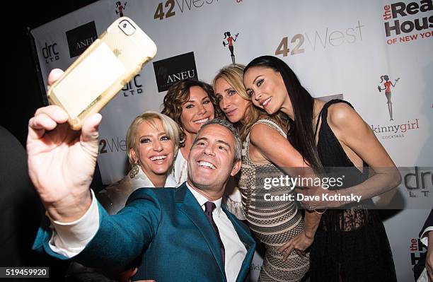 Dorinda Medley, Luann de Lesseps, Sonya Morgan, Andy Cohen and Julianne Wainstein pose for selfie at the "The Real Housewives Of New York City"...