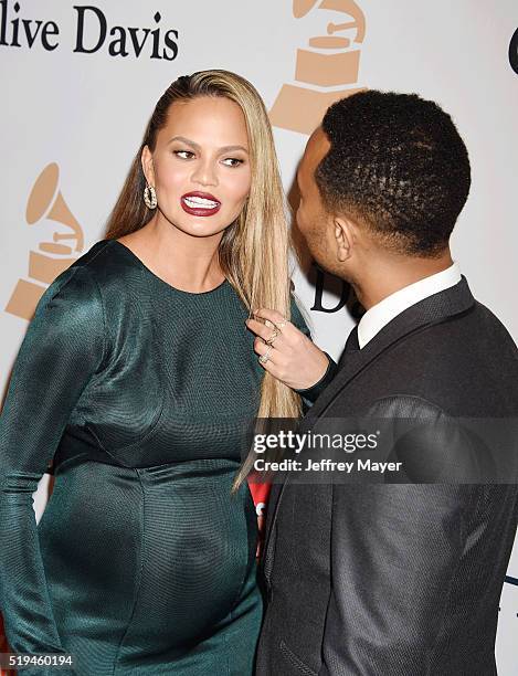 Model/TV personality Chrissy Teigen and recording artist John Legend attend the 2016 Pre-GRAMMY Gala and Salute to Industry Icons honoring Irving...