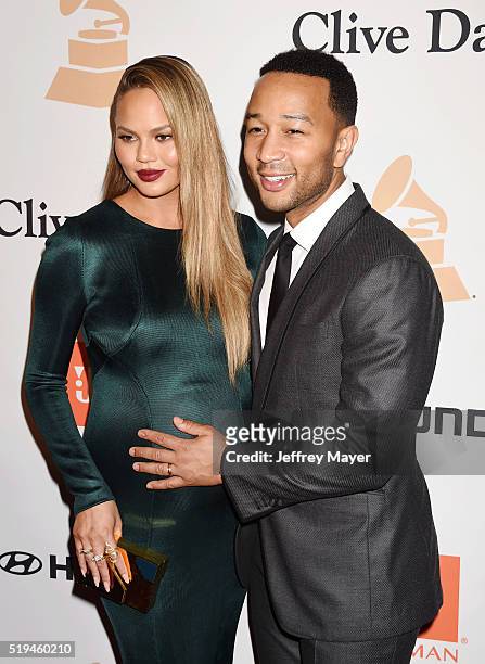 Model/TV personality Chrissy Teigen and recording artist John Legend attend the 2016 Pre-GRAMMY Gala and Salute to Industry Icons honoring Irving...