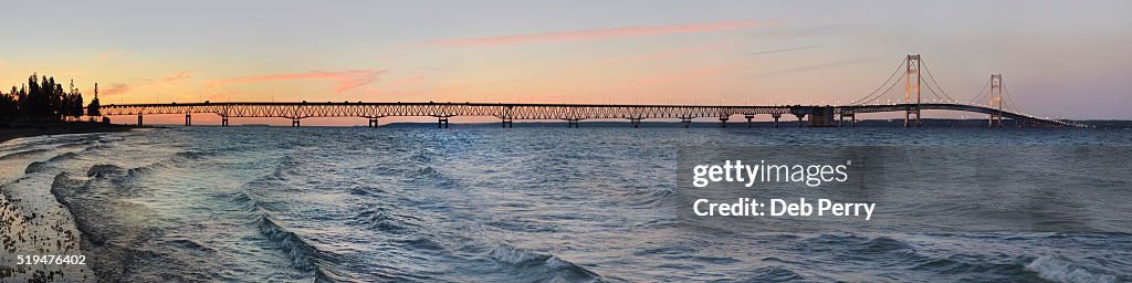 Mackinac Bridge at sunset, panoramic