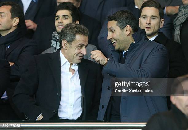 Nicolas Sarkozy and Khaldoon al-Mubarak attend the UEFA Champions League Quarter Final between Paris Saint-Germain and Manchester City FC at Parc Des...