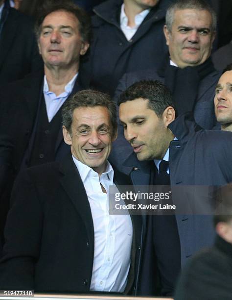Nicolas Sarkozy and Khaldoon al-Mubarak attend the UEFA Champions League Quarter Final between Paris Saint-Germain and Manchester City FC at Parc Des...