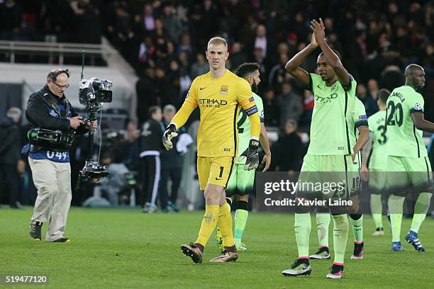 Joe Hart of Manchester City react with teammates after the UEFA Champions League Quarter Final between Paris Saint-Germain and Manchester City FC at...