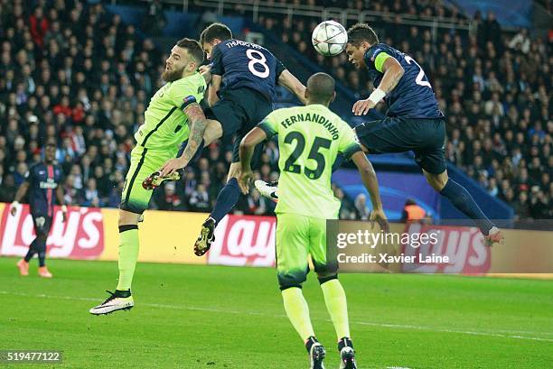 Thiago Silva of Paris Saint-Germain kick the ball during the UEFA Champions League Quarter Final between Paris Saint-Germain and Manchester City FC...