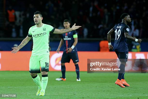 Sergio Aguero of Manchester City FC reacts during the UEFA Champions League Quarter Final between Paris Saint-Germain and Manchester City FC at Parc...