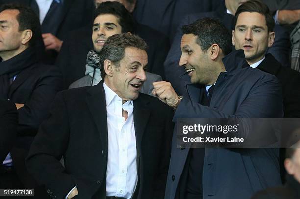 Nicolas Sarkozy and Khaldoon al-Mubarak attend the UEFA Champions League Quarter Final between Paris Saint-Germain and Manchester City FC at Parc Des...