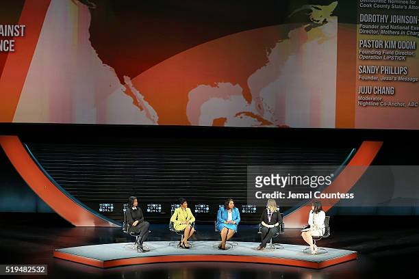 Kim Foxx, Dorothy Johnson-Speight, Kim Odom, Sandy Phillips, and Juju Chang speak onstage at Tina Brown's 7th Annual Women In The World Summit...