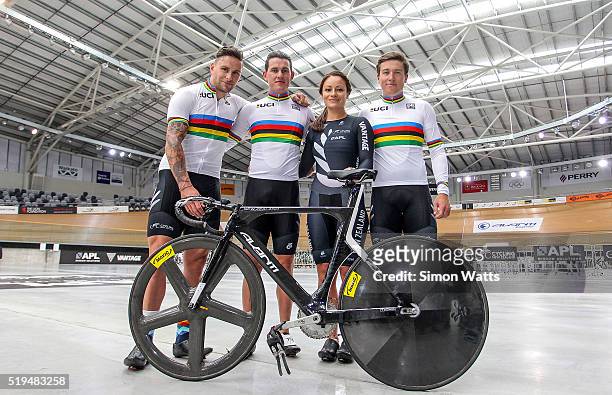 Eddie Dawkins, Sam Webster, Natasha Hansen and Ethan Mitchell during the New Zealand Olympic Team Track Cycling Sprint Team Announcement at The...