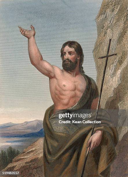 Itinerant preacher and major religious figure, John the Baptist . From an original engraving by E. Finden after a painting by John Wood.