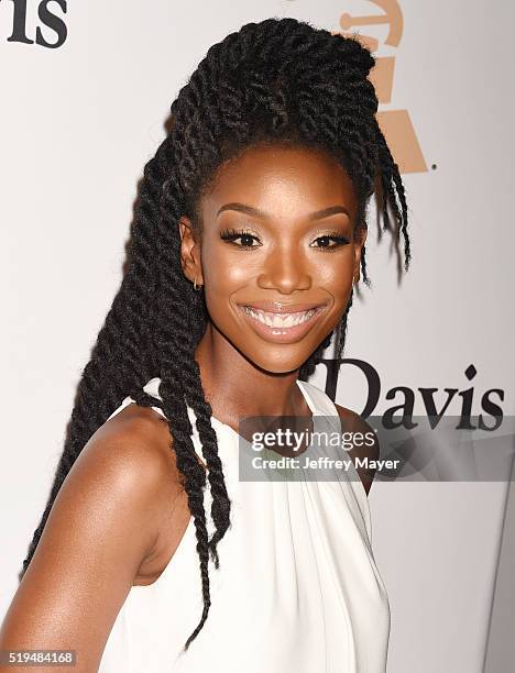 Recording artist/actress Brandy attends the 2016 Pre-GRAMMY Gala and Salute to Industry Icons honoring Irving Azoff at The Beverly Hilton Hotel on...