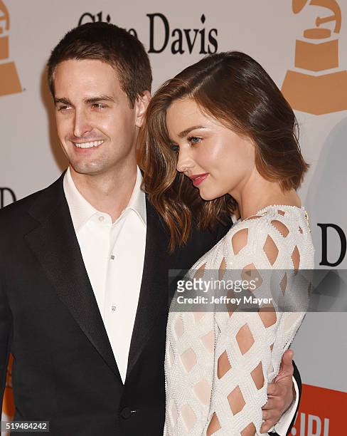 Co-founder and CEO of Snapchat Evan Spiegel and model Miranda Kerr attend the 2016 Pre-GRAMMY Gala and Salute to Industry Icons honoring Irving Azoff...