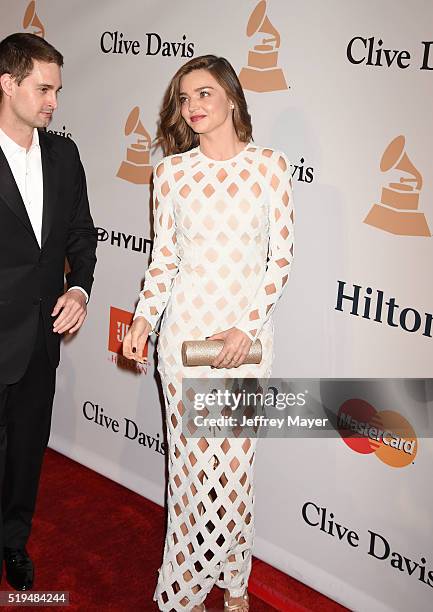 Co-founder and CEO of Snapchat Evan Spiegel and model Miranda Kerr attend the 2016 Pre-GRAMMY Gala and Salute to Industry Icons honoring Irving Azoff...