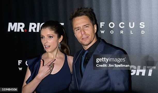 Actors Anna Kendrick and Sam Rockwell attend the "Mr. Right" New York premiere at AMC Lincoln Square Theater on April 6, 2016 in New York City.