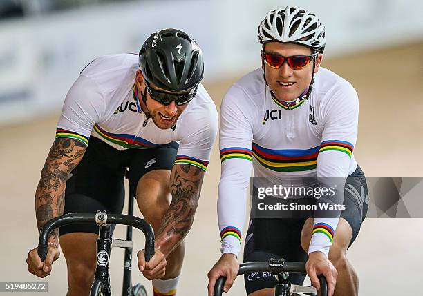 Eddie Dawkins and Ethan Mitchell during the New Zealand Olympic Team Track Cycling Sprint Team Announcement at The Avantidrome on April 7, 2016 in...