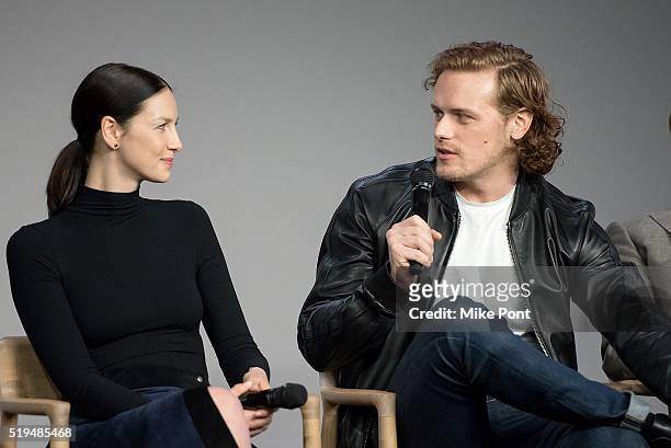 Actors Caitriona Balfe and Sam Heughan attend Apple Store Soho Presents Meet the Cast: "Outlander" at Apple Store Soho on April 6, 2016 in New York...