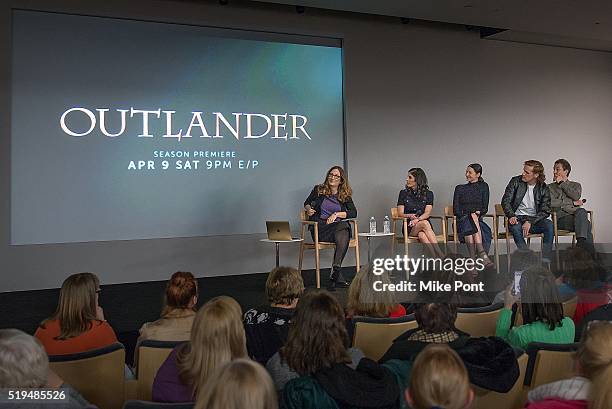 Moderator Missy Schwartz, Filmmaker Maril Davis and Actors Caitriona Balfe, Sam Heughan, and Tobias Menzies attend Apple Store Soho Presents Meet the...