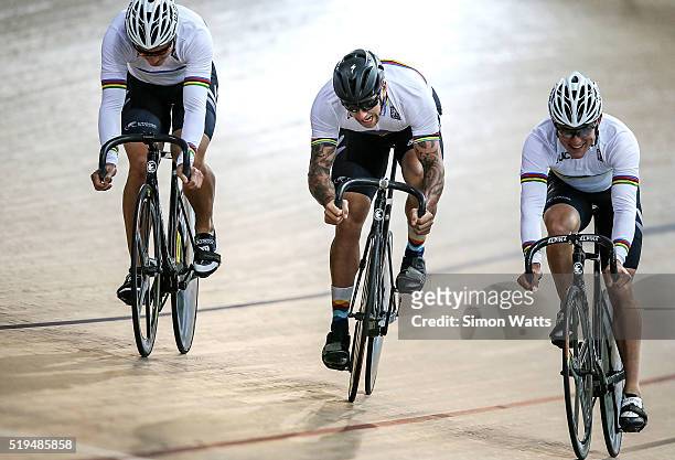 Ethan Mitchell, Eddie Dawkins and Sam Webster during the New Zealand Olympic Team Track Cycling Sprint Team Announcement at The Avantidrome on April...