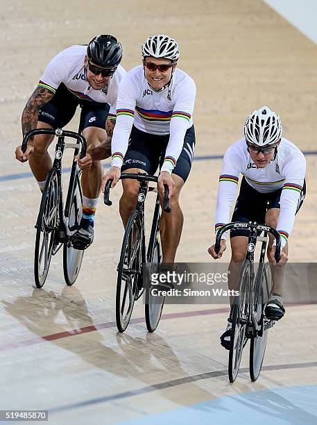 Eddie Dawkins, Ethan Mitchell and Sam Webster during the New Zealand Olympic Team Track Cycling Sprint Team Announcement at The Avantidrome on April...