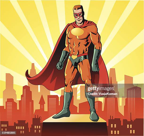 superheld, bevor die skyline der stadt - männliche person stock-grafiken, -clipart, -cartoons und -symbole