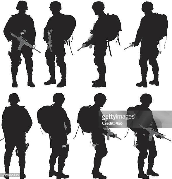 ilustraciones, imágenes clip art, dibujos animados e iconos de stock de diversas vistas de soldado - personal militar