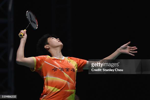 Pai Yu Po of Chinese Taipei returns to Wang Shixian of China during day three of the Women Singles during the BWF World Super Series Badminton...