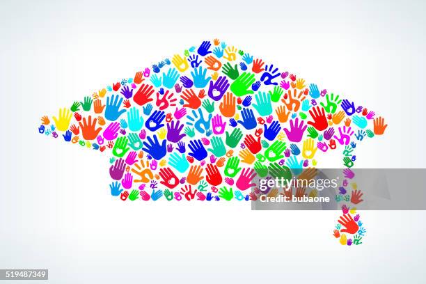 graduation cap on hands pattern white background - multiple hats stock illustrations