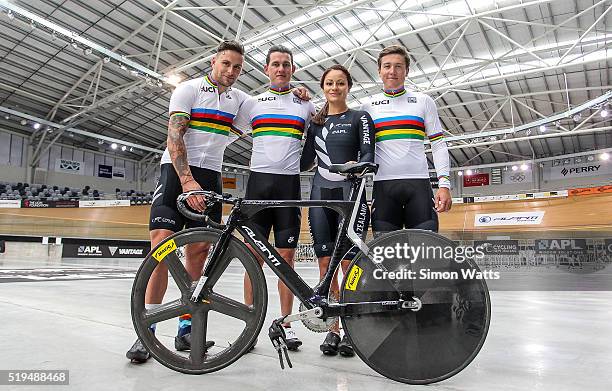 Eddie Dawkins, Sam Webster, Natasha Hansen and Ethan Mitchell during the New Zealand Olympic Team Track Cycling Sprint Team Announcement at The...