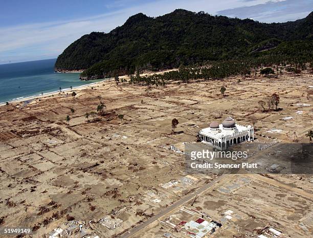 Mosque is the only building left standing on a strip of coast January 13, 2005 in Aceh, Indonesia. Citing safety concerns, the Indonesian government...