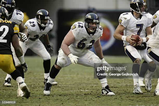 Guard Mike Flynn of the Baltimore Ravens blocks against the Pittsburgh Steelers at Heinz Field on December 26, 2004 in Pittsburgh, Pennsylvania. The...
