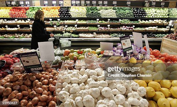 Woman shops in the produce section at Whole Foods January 13, 2005 in New York City. New eating guidelines issued by the U.S. Government stress the...