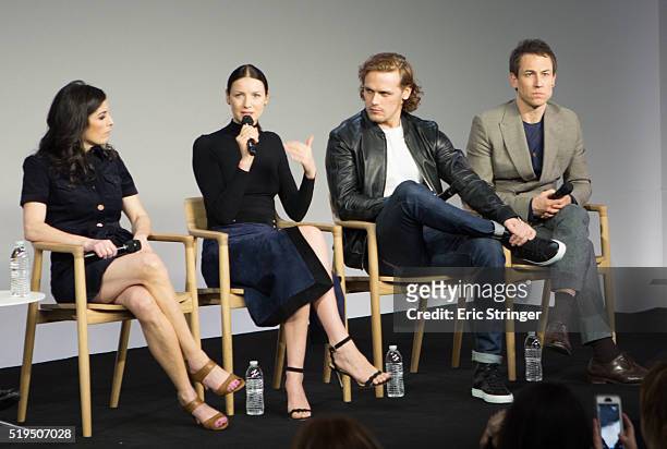 Maril Davis, Caitriona Balfe, SamHeughan and Tobias Menzies talk about their work on the series Outlander at the Apple Store Soho on April 6, 2016 in...
