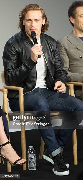 Sam Heughan talks about his work on the series Outlander at the Apple Store Soho on April 6, 2016 in New York City.