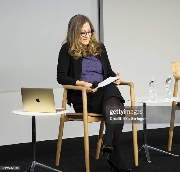 Moderator Misty Schwartz gets ready to gree the cast of Outlander at the Apple Store Soho on April 6, 2016 in New York City.