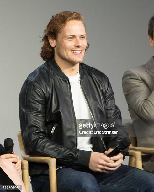 Sam Heughan talks about his work on the series Outlander at the Apple Store Soho on April 6, 2016 in New York City.