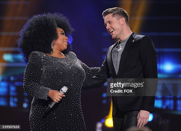 Top 2 contestants La' Porsha Renae and Trent Harmon speak onstage at FOX's American Idol Season 15 on April 6, 2016 at the Dolby Theatre in...