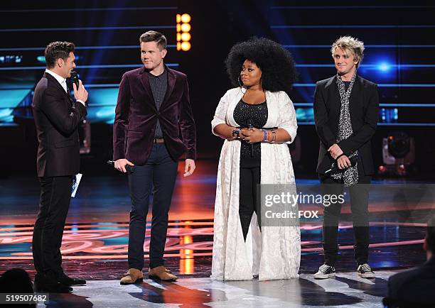 Host Ryan Seacrest and contestants Dalton Rapattoni, La' Porsha Renae and Trent Harmon speak onstage at FOX's American Idol Season 15 on April 6,...