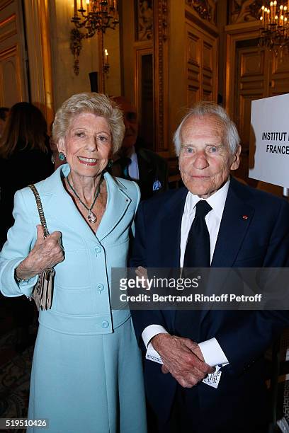 Permanent Secretary of 'Academie Francaise' Helene Carrere d'Encausse and Academician Jean d'Ormesson attend writer Marc Lambron receives "L'Epee...
