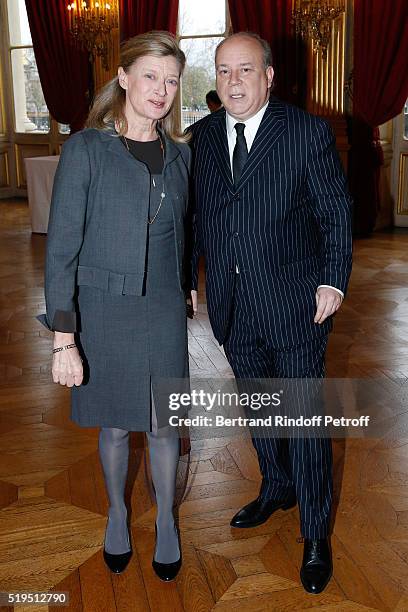 Isabelle Barnier and Marc Lambron attend writer Marc Lambron receives "L'Epee d'Academicien" of "Academie Francaise" on April 6, 2016 in Paris,...
