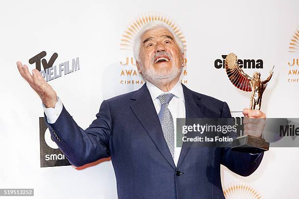 Award winner Mario Adorf and smart attends the Jupiter Award 2016 on April 06, 2016 in Berlin, Germany.