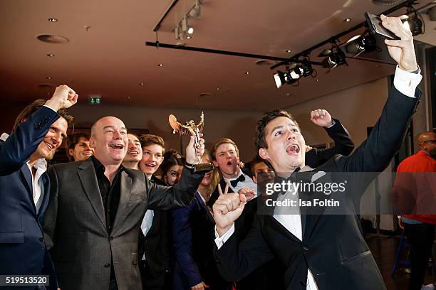 Tim Oliver Schultz with his cast collegues from the film 'Club der roten Baender' and smart attend the Jupiter Award 2016 on April 06, 2016 in...